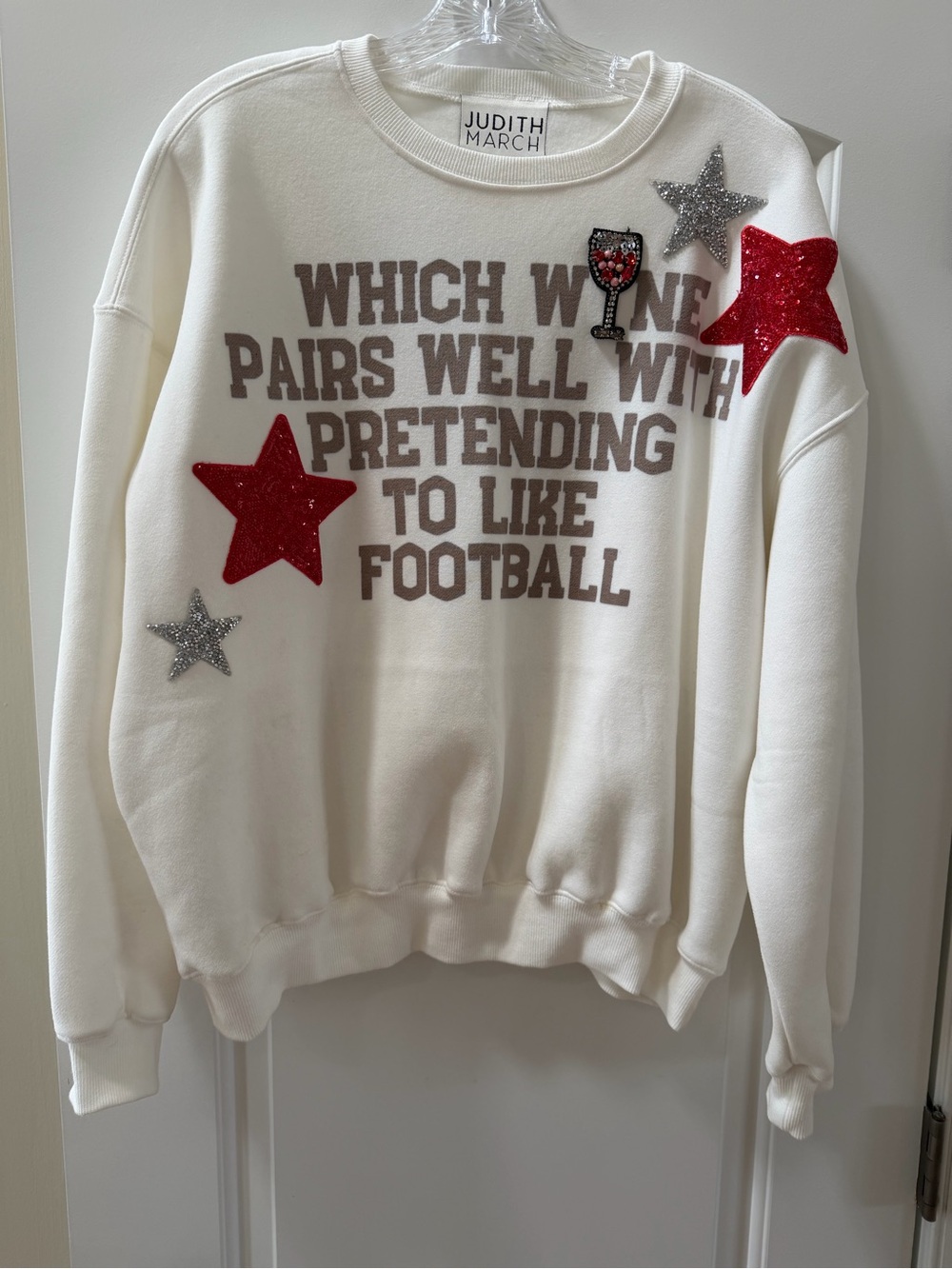 Judith March Cream Sweatshirt with Red & Silver Star Appliques